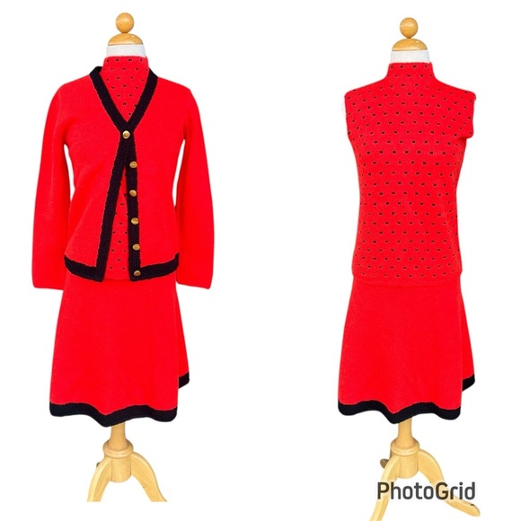 VTG St. John Knits 3-Piece Skirt Suit 60s 70s Red Black Dots Mock Neck Talon Zip - Picture 1 of 16